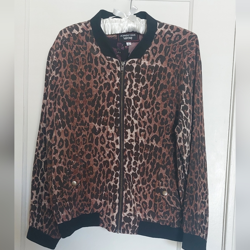 Johnny Was Silk Leopard Bomber Jacket